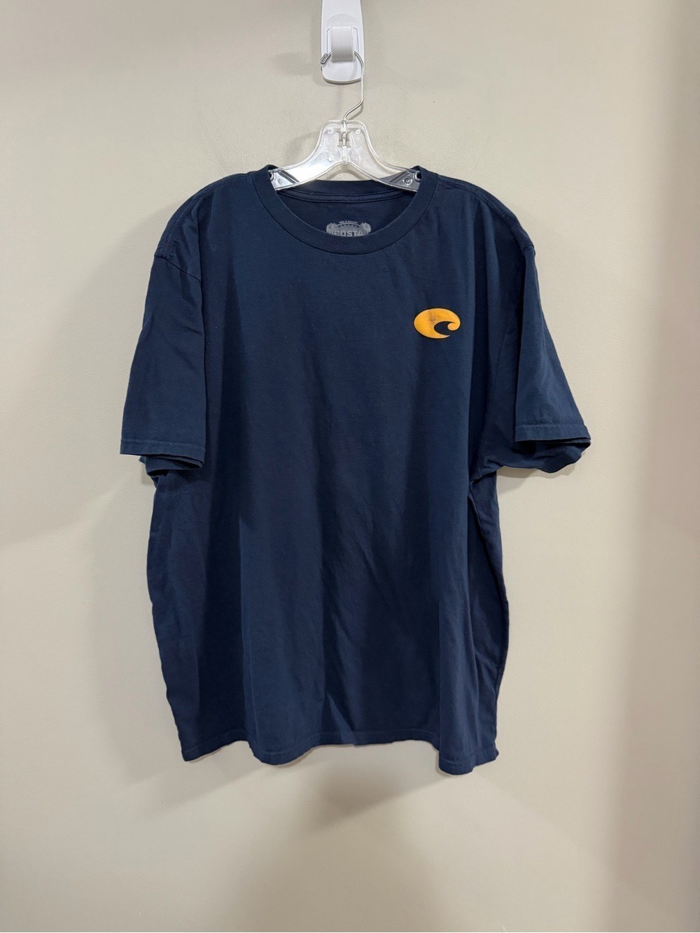 Men's Costa Navy Short Sleeve Tee with Yellow Logo and Graphic Design. Size XXL